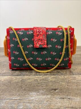 Vintage Anne Marie Provence Fabric Box Purse Tassel Rope Strap Floral Handbag